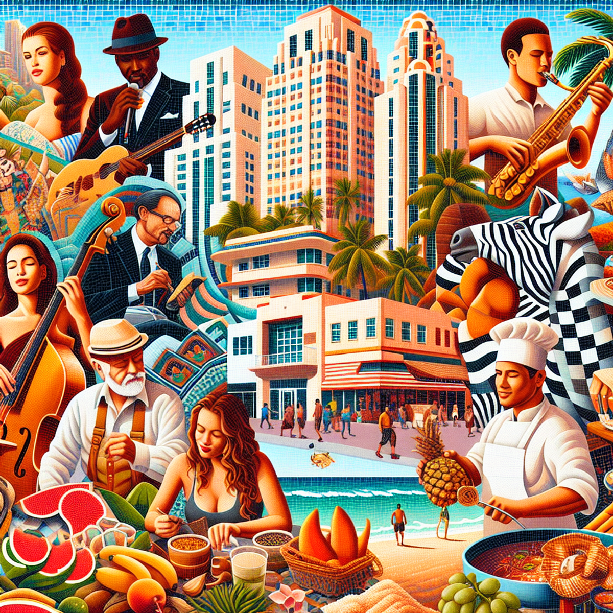 A mosaic representing the multicultural essence of Miami with a black Jazz musician playing a saxophone, a white artist painting art-deco patterns, a Middle-Eastern man at the beach, a Hispanic woman selling tropical fruit, and a South Asian cook preparing Paella.