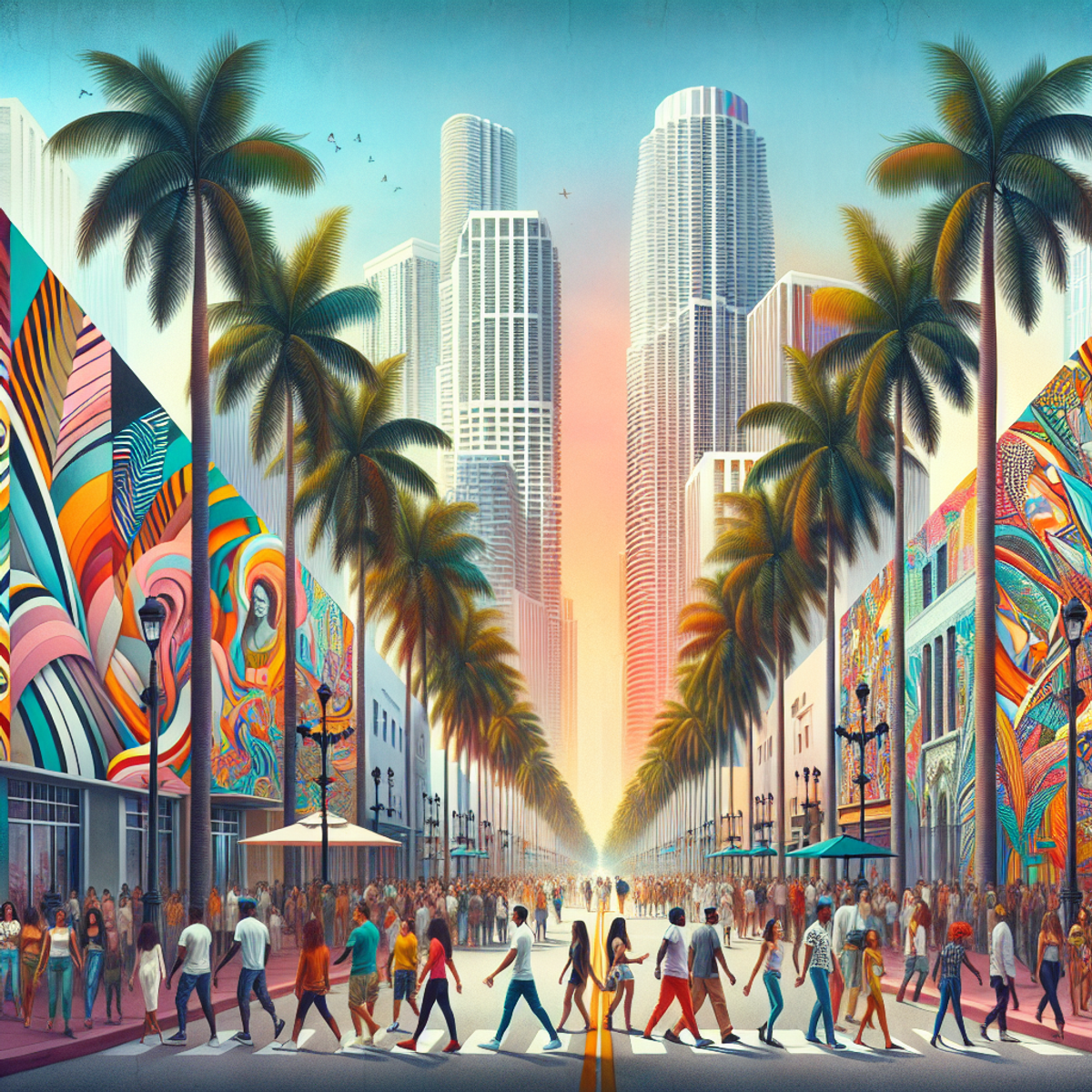 A vibrant collage representing Miami's cultural fusion: palm trees against a clear sky, colorful murals, diverse people on bustling streets.