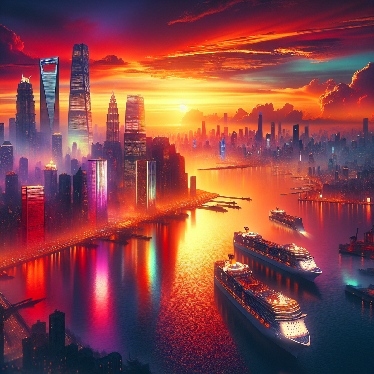 A vibrant sunset over a bustling city skyline with cruise ships returning to the harbor.