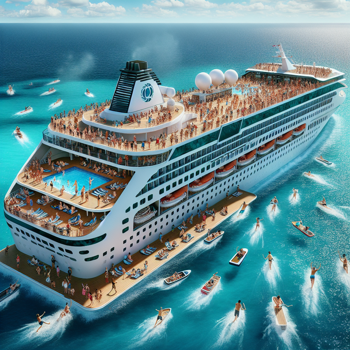 A diverse group of passengers enjoy various activities on a large cruise ship as it moves gracefully across the azure ocean.