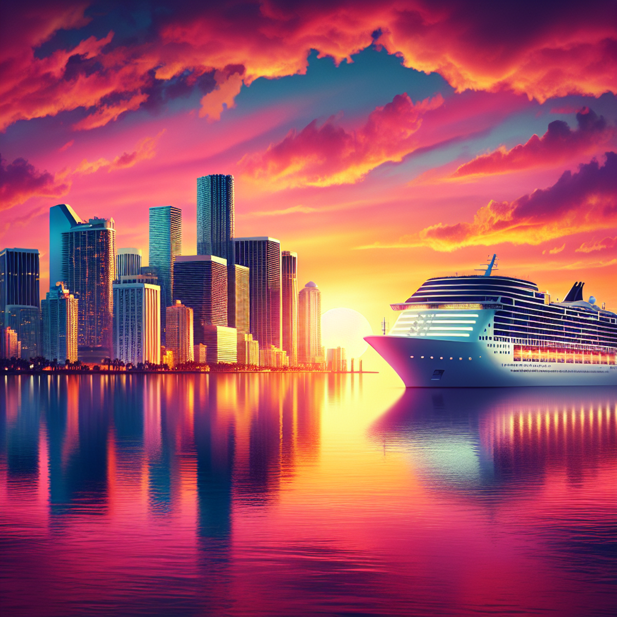 Vibrant sunset over coastal city skyline with cruise ship silhouette.